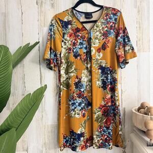 Lavender Sky Women’s Large Mustard Floral Zip Front Shift Dress Stretch